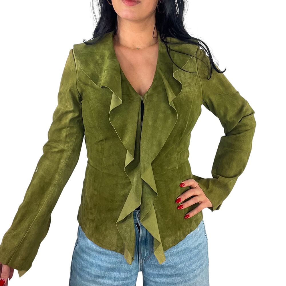 1980s Vintage Danier Green Suede Ruffle Collar Jacket XS